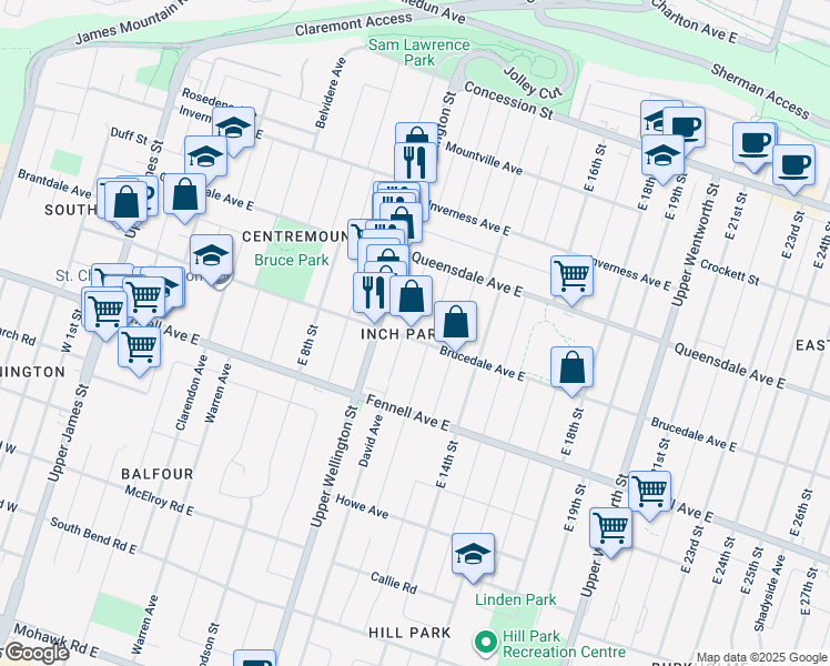 map of restaurants, bars, coffee shops, grocery stores, and more near 263 Brucedale Avenue East in Hamilton