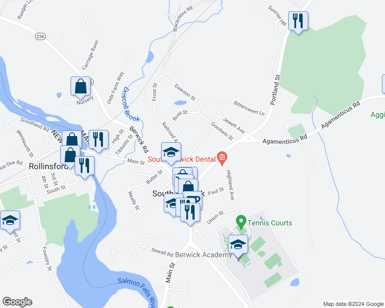 map of restaurants, bars, coffee shops, grocery stores, and more near 40 Norton Street in South Berwick