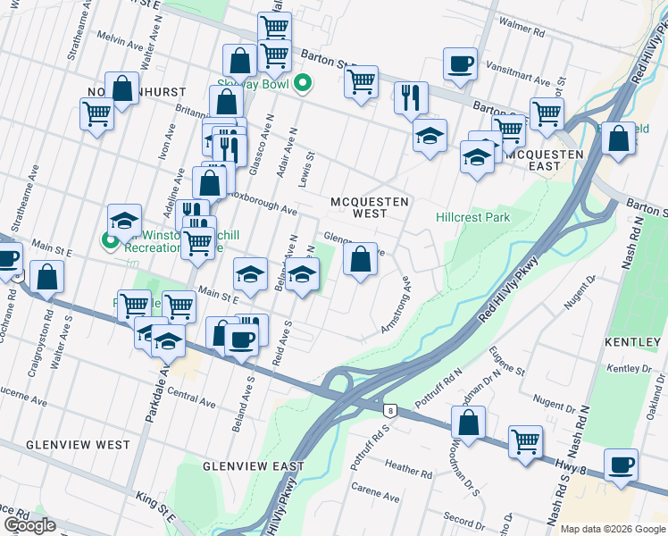 map of restaurants, bars, coffee shops, grocery stores, and more near 51 Bingham Road in Hamilton