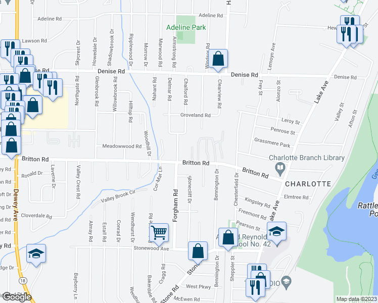 map of restaurants, bars, coffee shops, grocery stores, and more near 276 Britton Road in Rochester