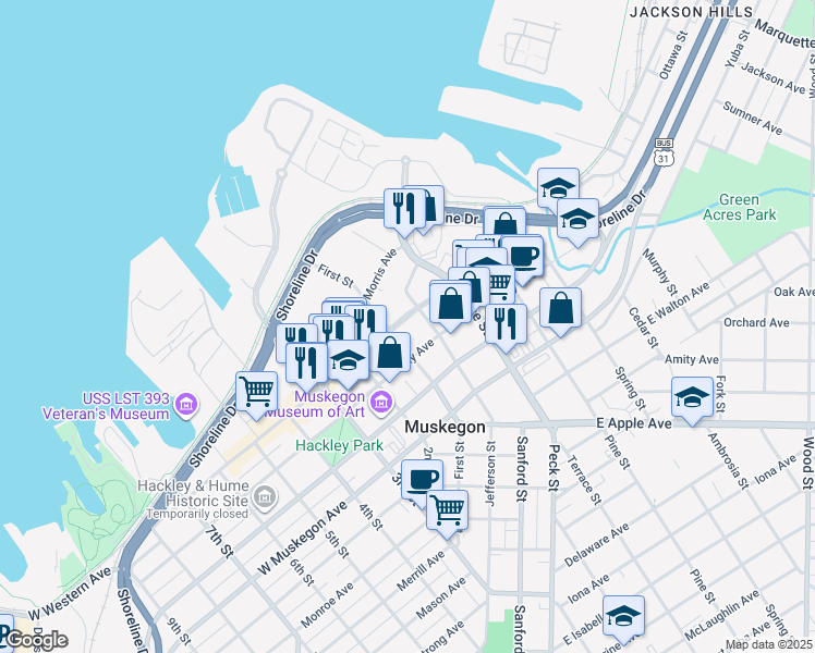 map of restaurants, bars, coffee shops, grocery stores, and more near 285 West Western Avenue in Muskegon