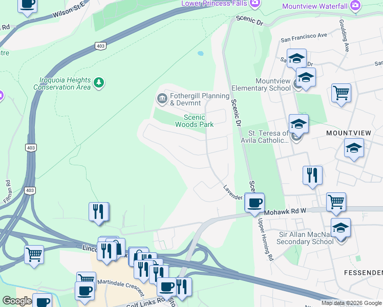 map of restaurants, bars, coffee shops, grocery stores, and more near Sundrop Court in Hamilton