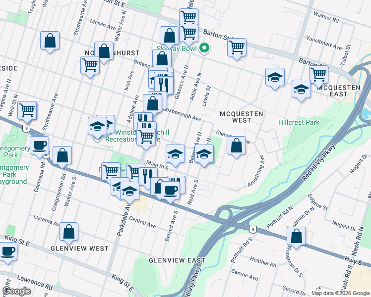 map of restaurants, bars, coffee shops, grocery stores, and more near 1224 Dunsmure Road in Hamilton