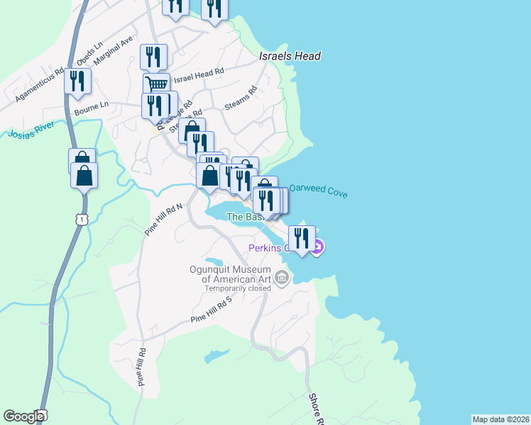 map of restaurants, bars, coffee shops, grocery stores, and more near 91 Perkins Cove Road in Ogunquit