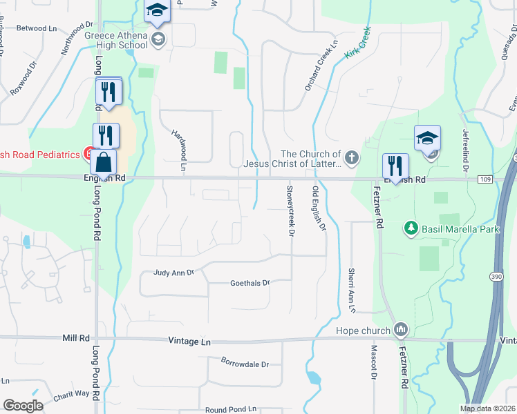 map of restaurants, bars, coffee shops, grocery stores, and more near 58 Stoneycreek Circle in Rochester