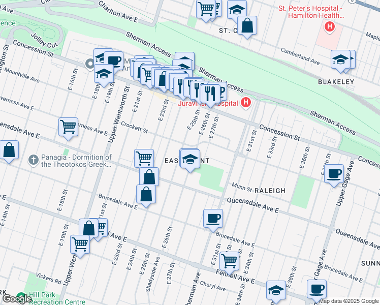 map of restaurants, bars, coffee shops, grocery stores, and more near 24 Crockett Street in Hamilton