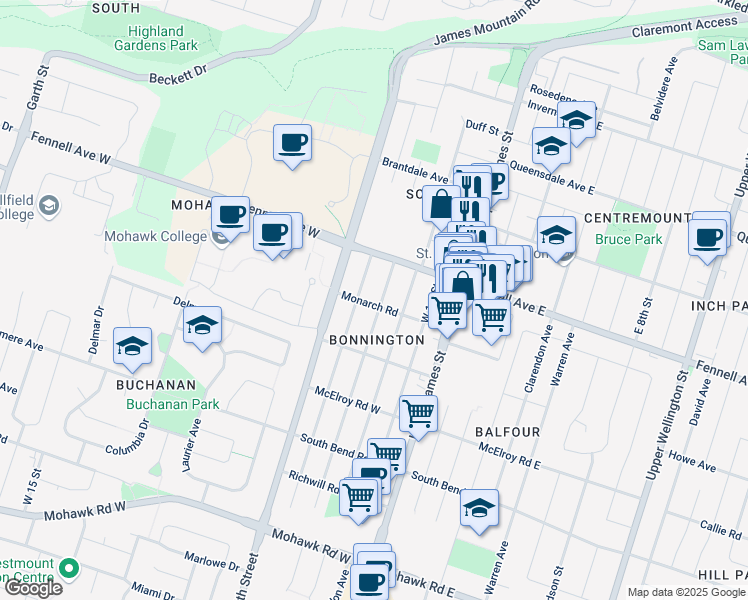 map of restaurants, bars, coffee shops, grocery stores, and more near 7 West 3rd Street in Hamilton