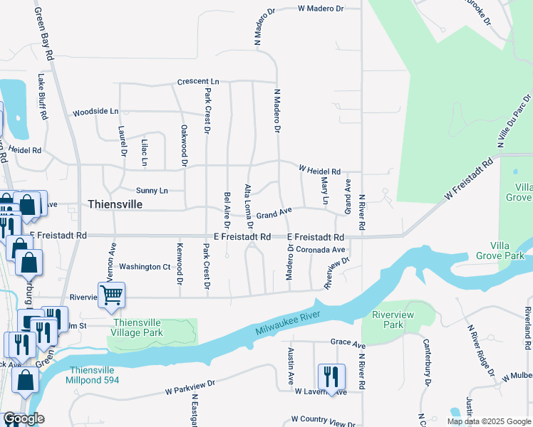 map of restaurants, bars, coffee shops, grocery stores, and more near 401 Madero Drive in Thiensville