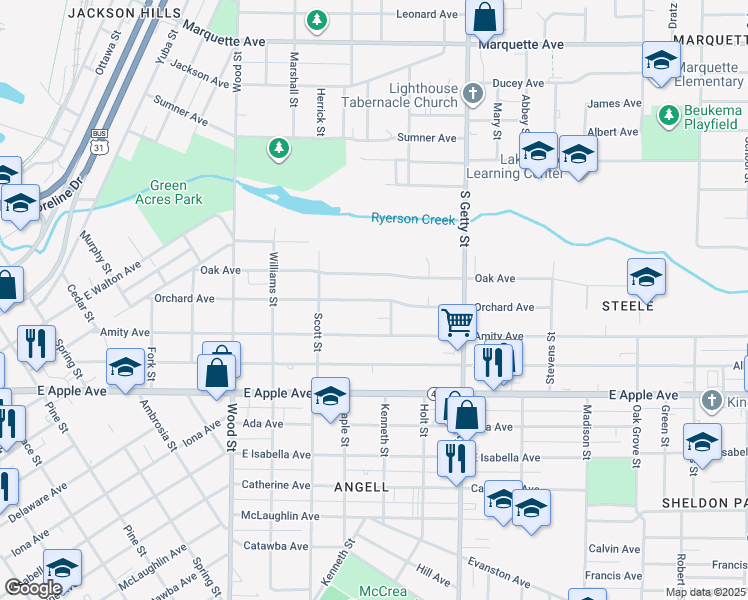 map of restaurants, bars, coffee shops, grocery stores, and more near Orchard Avenue in Muskegon