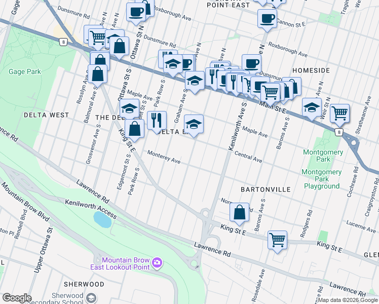 map of restaurants, bars, coffee shops, grocery stores, and more near 100 Wexford Avenue South in Hamilton