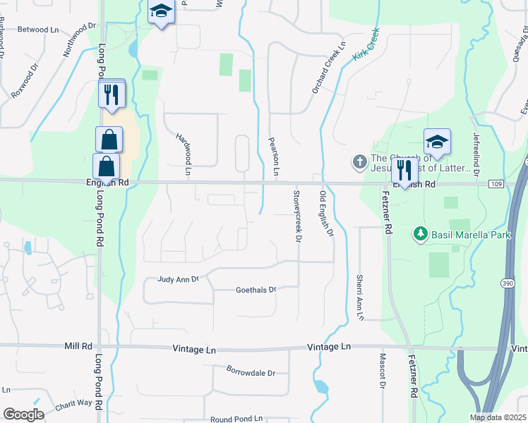 map of restaurants, bars, coffee shops, grocery stores, and more near 58 Stoneycreek Circle in Rochester
