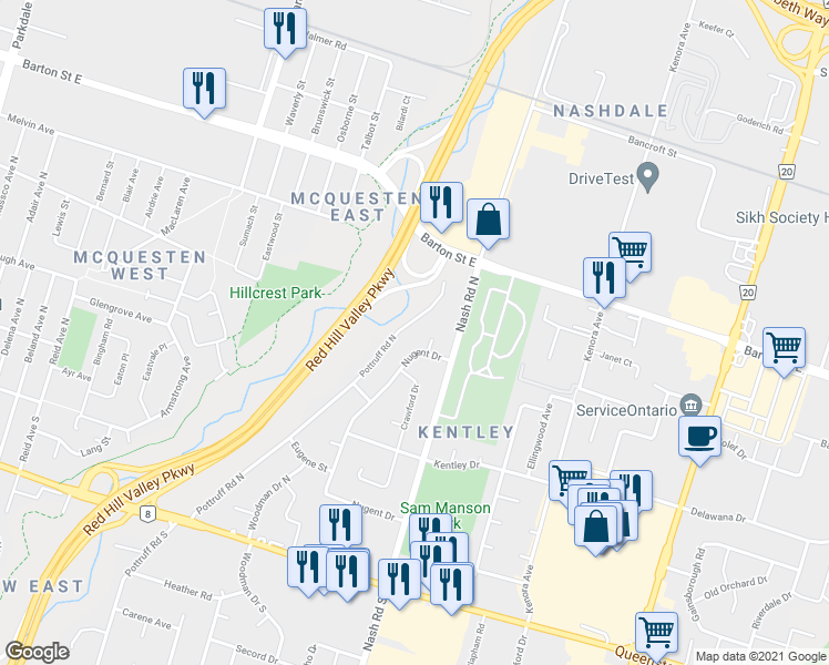 map of restaurants, bars, coffee shops, grocery stores, and more near 298 Pottruff Road North in Hamilton