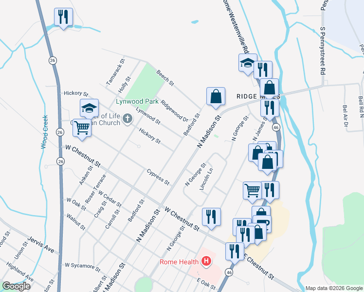 map of restaurants, bars, coffee shops, grocery stores, and more near 1914 Bedford Street in Rome