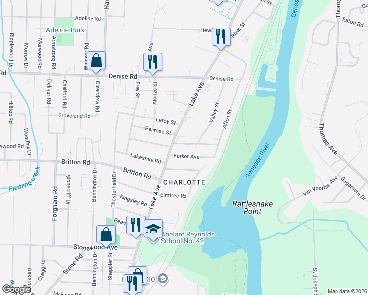 map of restaurants, bars, coffee shops, grocery stores, and more near 38 Harbor View Terrace in Rochester
