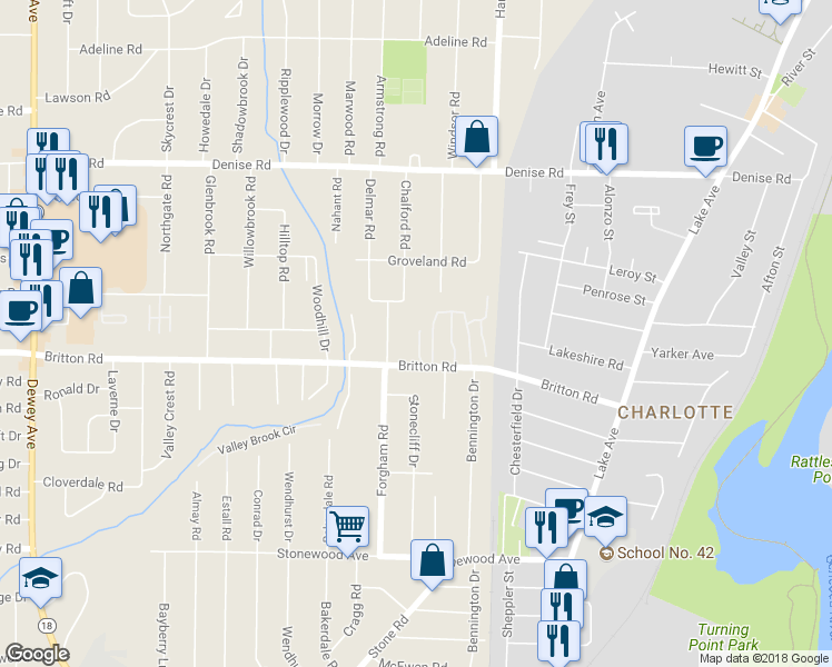 map of restaurants, bars, coffee shops, grocery stores, and more near 313 Forgham Road in Rochester