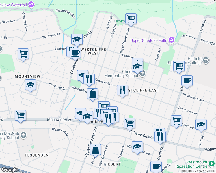 map of restaurants, bars, coffee shops, grocery stores, and more near in Hamilton