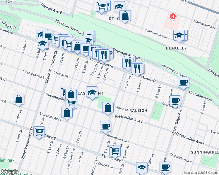 map of restaurants, bars, coffee shops, grocery stores, and more near 206 Crockett Street in Hamilton