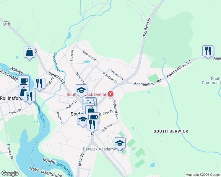 map of restaurants, bars, coffee shops, grocery stores, and more near 121 Portland Street in South Berwick