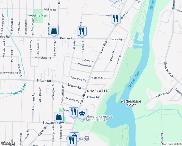 map of restaurants, bars, coffee shops, grocery stores, and more near Lake Avenue & Grassmere Park in Rochester
