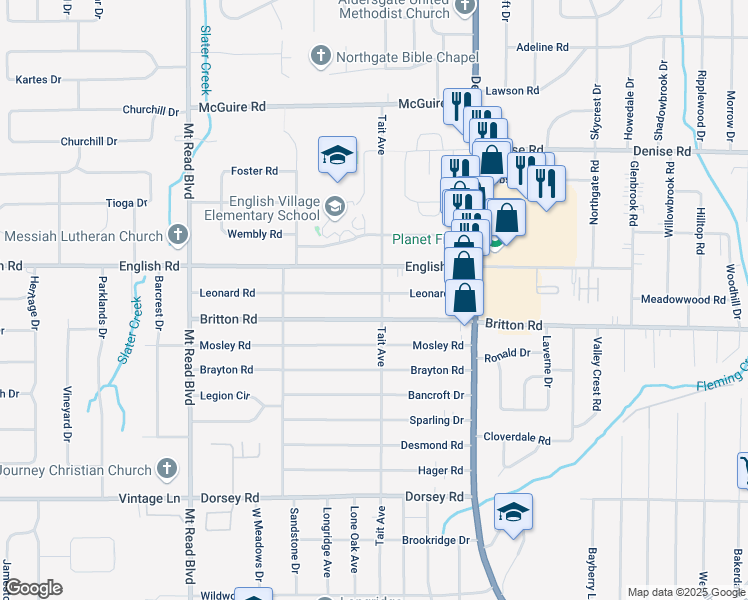 map of restaurants, bars, coffee shops, grocery stores, and more near 123 Leonard Road in Rochester