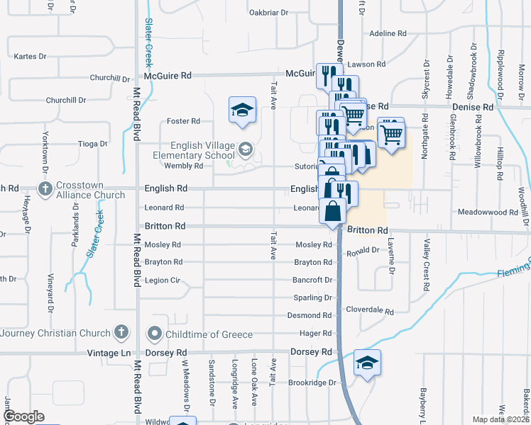map of restaurants, bars, coffee shops, grocery stores, and more near 188 Leonard Road in Rochester
