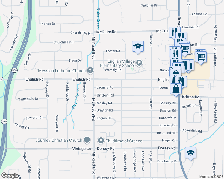 map of restaurants, bars, coffee shops, grocery stores, and more near 337 Leonard Road in Rochester