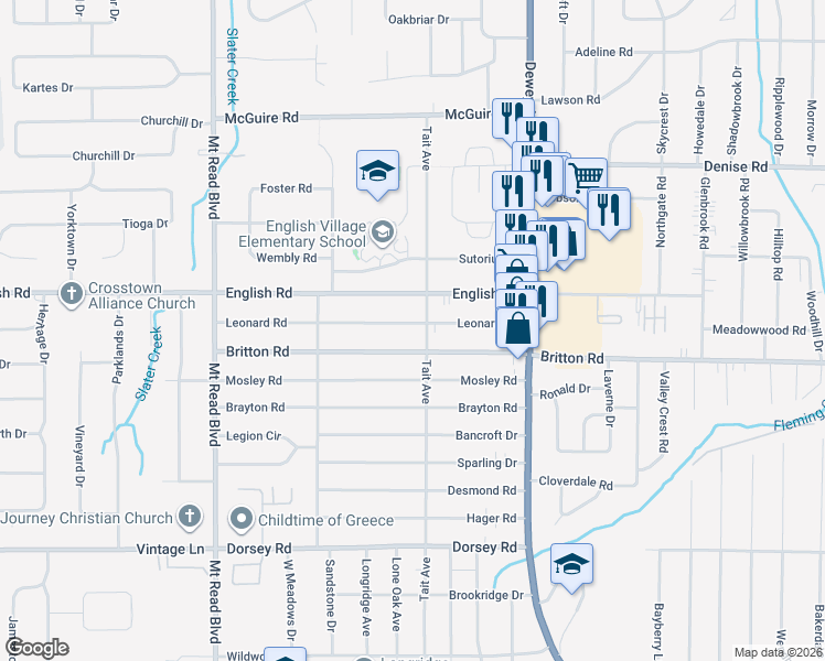 map of restaurants, bars, coffee shops, grocery stores, and more near 188 Leonard Road in Rochester