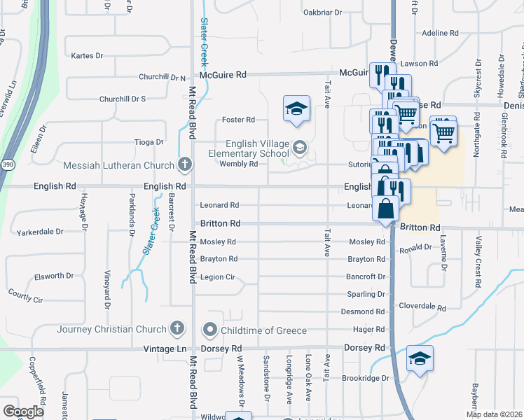 map of restaurants, bars, coffee shops, grocery stores, and more near 283 Leonard Road in Rochester