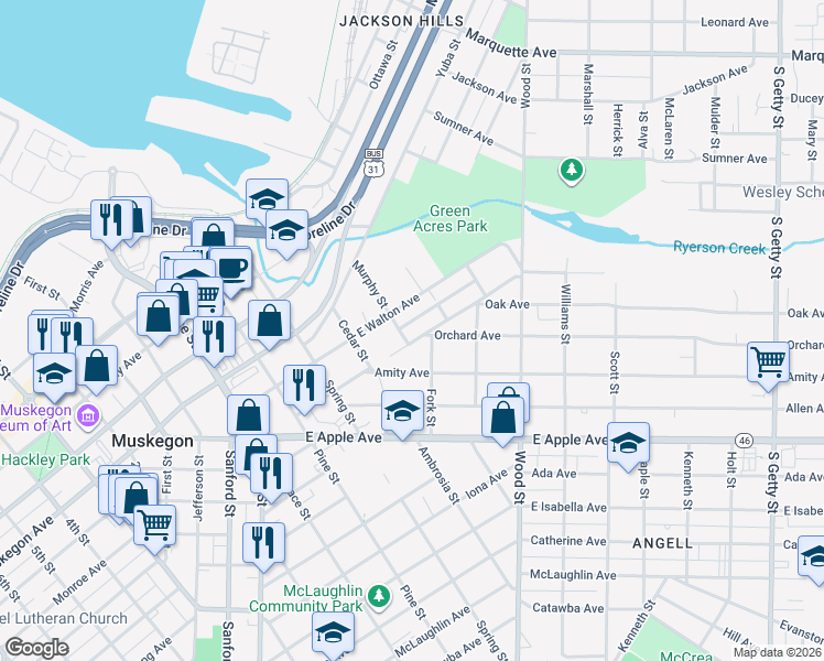 map of restaurants, bars, coffee shops, grocery stores, and more near 246 Myrtle Avenue in Muskegon