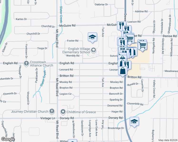 map of restaurants, bars, coffee shops, grocery stores, and more near 227 Leonard Road in Rochester