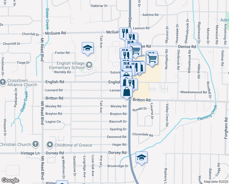 map of restaurants, bars, coffee shops, grocery stores, and more near 71 Leonard Road in Rochester