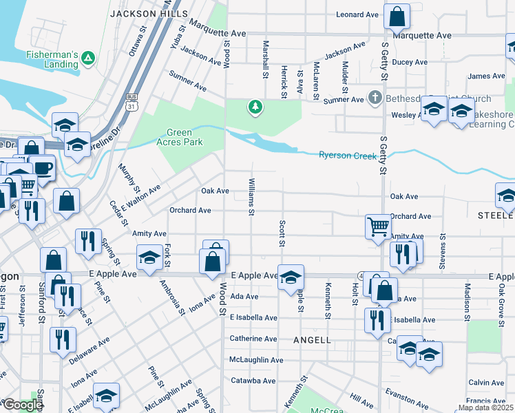 map of restaurants, bars, coffee shops, grocery stores, and more near 822 Williams Street in Muskegon