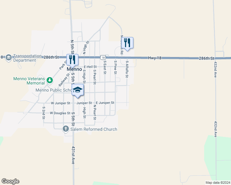 map of restaurants, bars, coffee shops, grocery stores, and more near 402 South Pine Street in Menno
