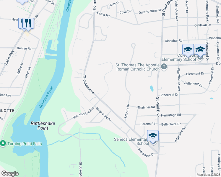 map of restaurants, bars, coffee shops, grocery stores, and more near 490 Van Voorhis Avenue in Rochester
