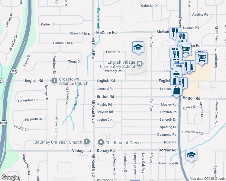 map of restaurants, bars, coffee shops, grocery stores, and more near 337 Leonard Road in Rochester
