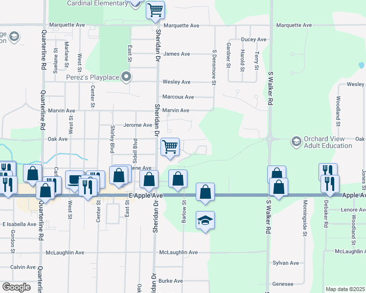 map of restaurants, bars, coffee shops, grocery stores, and more near 744 Covey Court in Muskegon