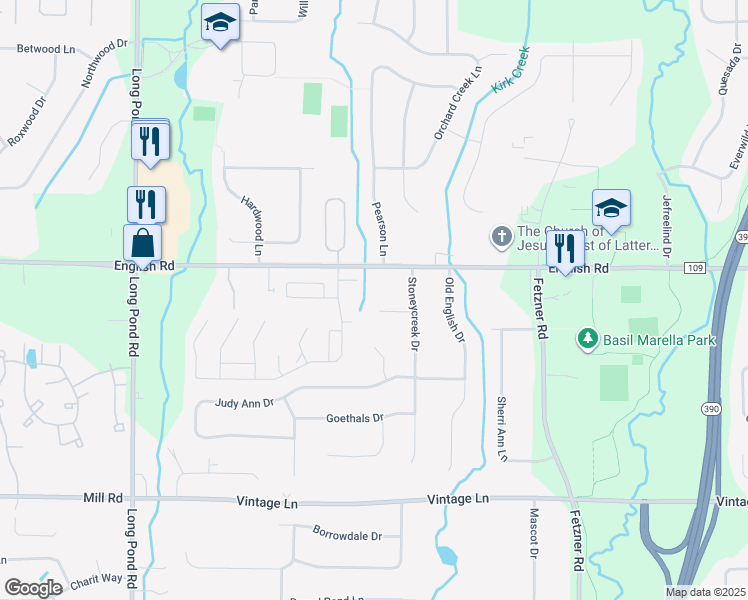 map of restaurants, bars, coffee shops, grocery stores, and more near 58 Stoneycreek Circle in Rochester