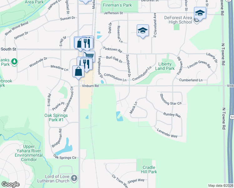 map of restaurants, bars, coffee shops, grocery stores, and more near 806 Nash Lane in DeForest