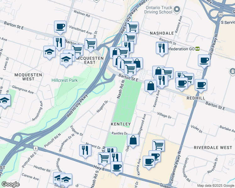 map of restaurants, bars, coffee shops, grocery stores, and more near 183 Nash Road North in Hamilton