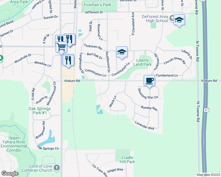 map of restaurants, bars, coffee shops, grocery stores, and more near 809 Southbound Drive in DeForest