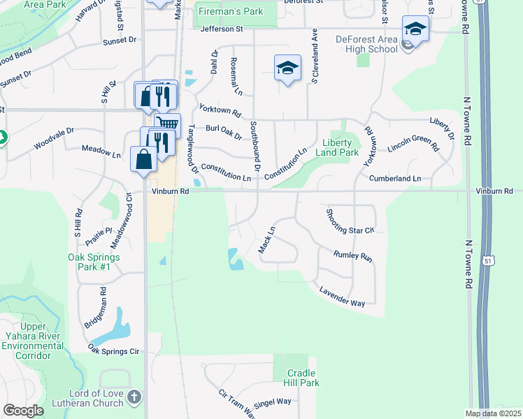 map of restaurants, bars, coffee shops, grocery stores, and more near 809 Southbound Drive in DeForest