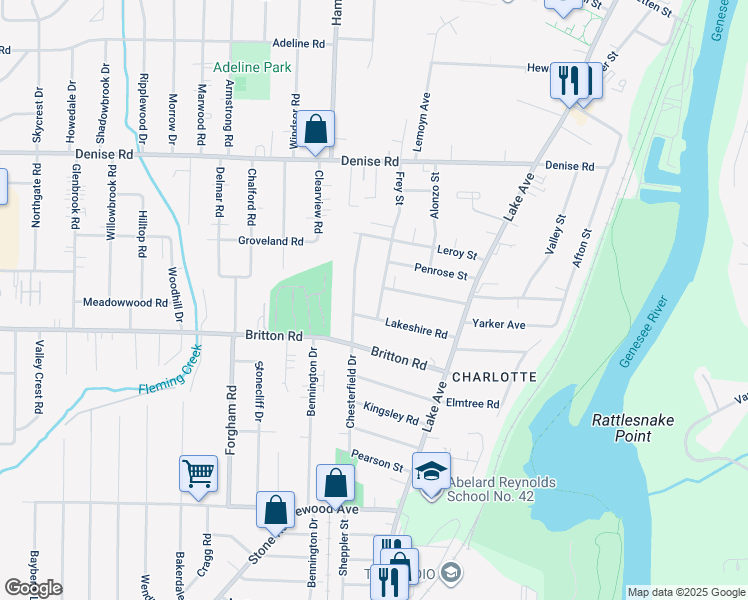 map of restaurants, bars, coffee shops, grocery stores, and more near 25 Frey Street in Rochester