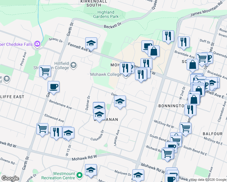 map of restaurants, bars, coffee shops, grocery stores, and more near 58 Columbia Drive in Hamilton