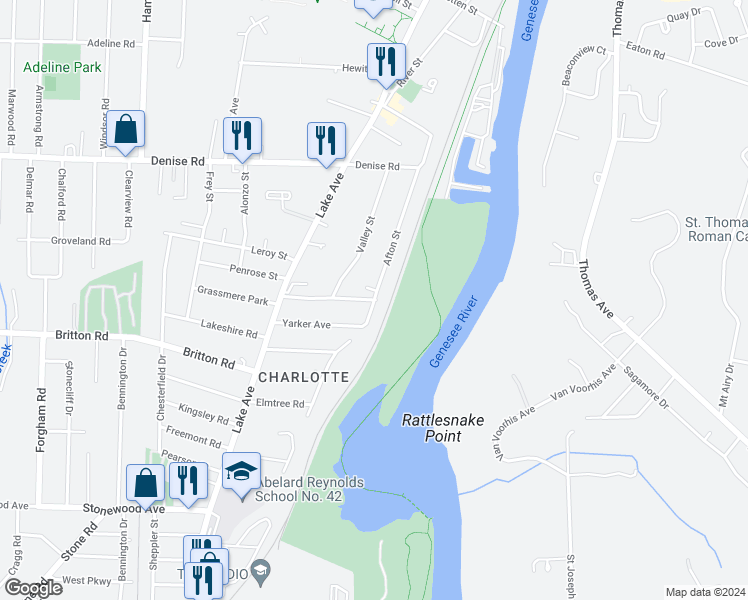 map of restaurants, bars, coffee shops, grocery stores, and more near 135 Harbor View Terrace in Rochester