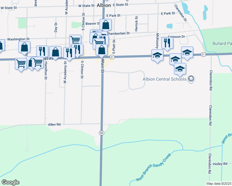 map of restaurants, bars, coffee shops, grocery stores, and more near 5 Clover Lane in Albion