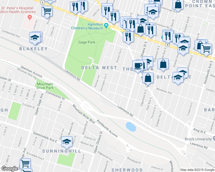 map of restaurants, bars, coffee shops, grocery stores, and more near 180 Rosslyn Avenue South in Hamilton