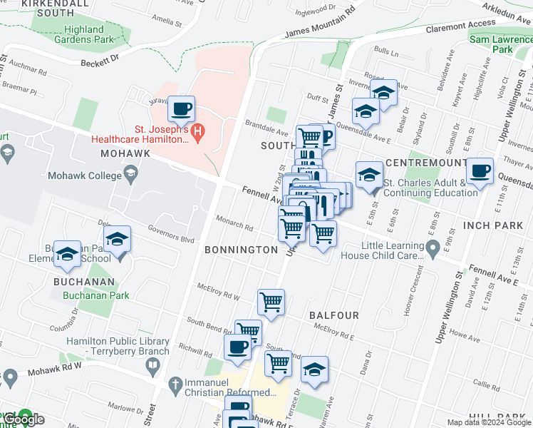 map of restaurants, bars, coffee shops, grocery stores, and more near 243 West 2nd Street in Hamilton