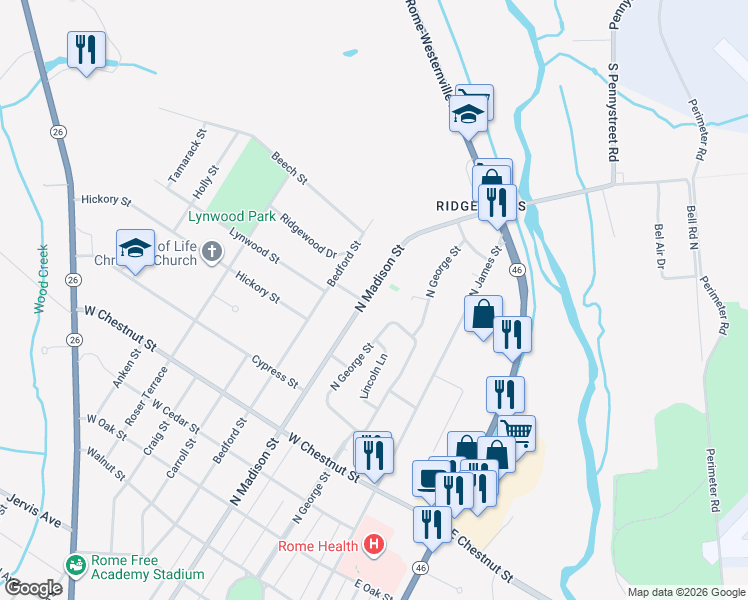 map of restaurants, bars, coffee shops, grocery stores, and more near 2006 North Madison Street in Rome