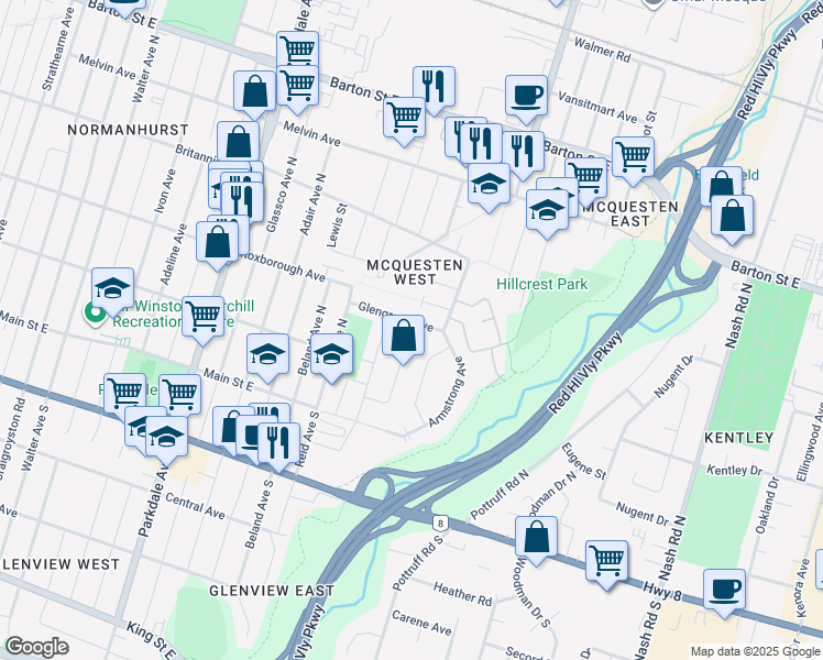map of restaurants, bars, coffee shops, grocery stores, and more near 46 Glengrove Avenue in Hamilton