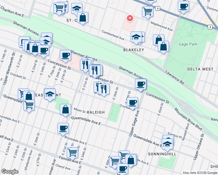 map of restaurants, bars, coffee shops, grocery stores, and more near 40 East 35th Street in Hamilton